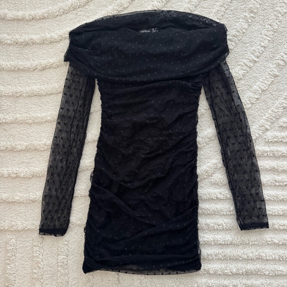 Boohoo off the shoulder polka dot mesh dress